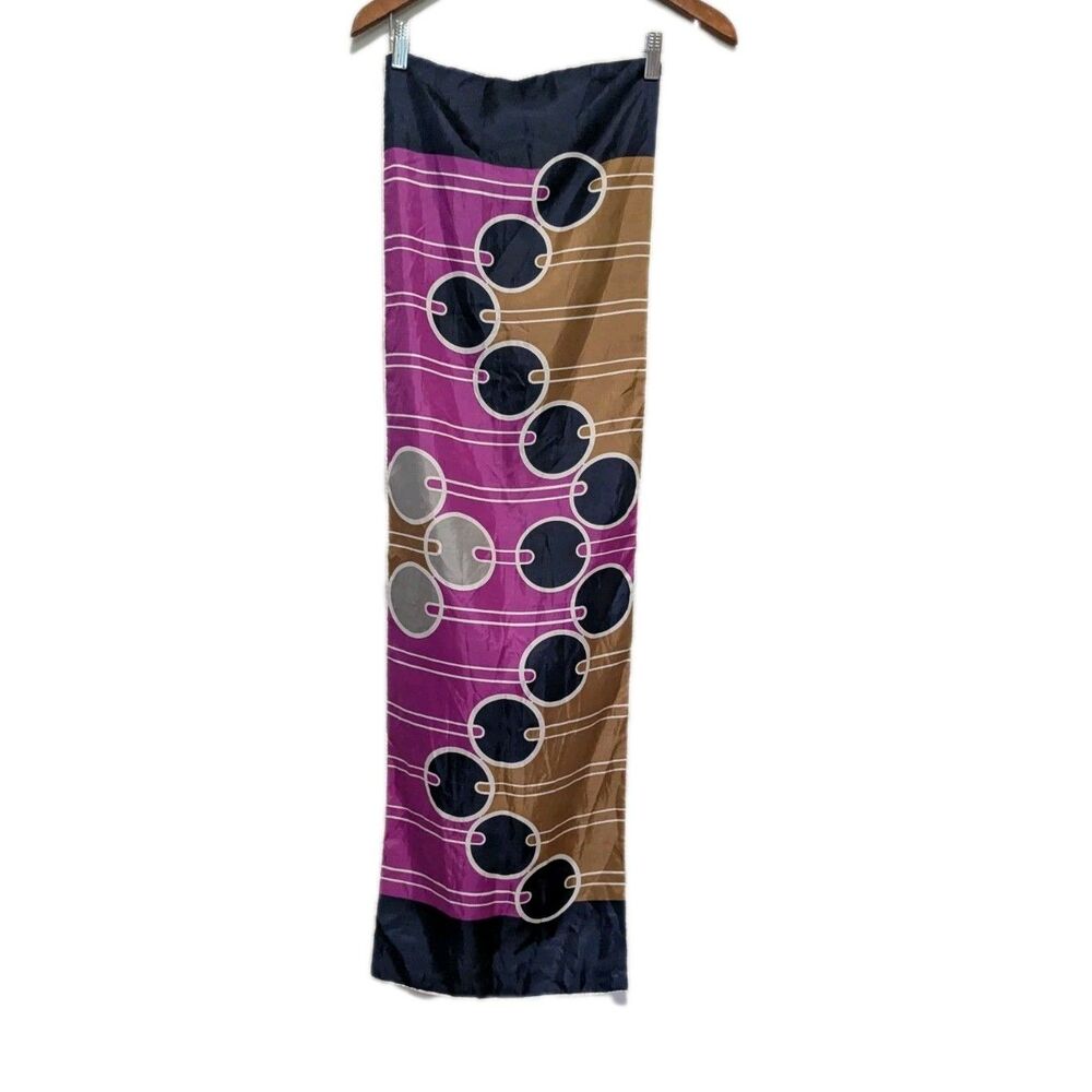 Vintage MIJ Bold Scarf Long 13 X 43 Art Deco Geo MCM Poly Satin